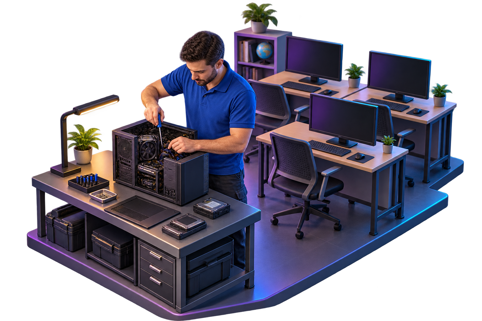 Ilustración 3D de mantenimiento de computadores en una sala de informática
