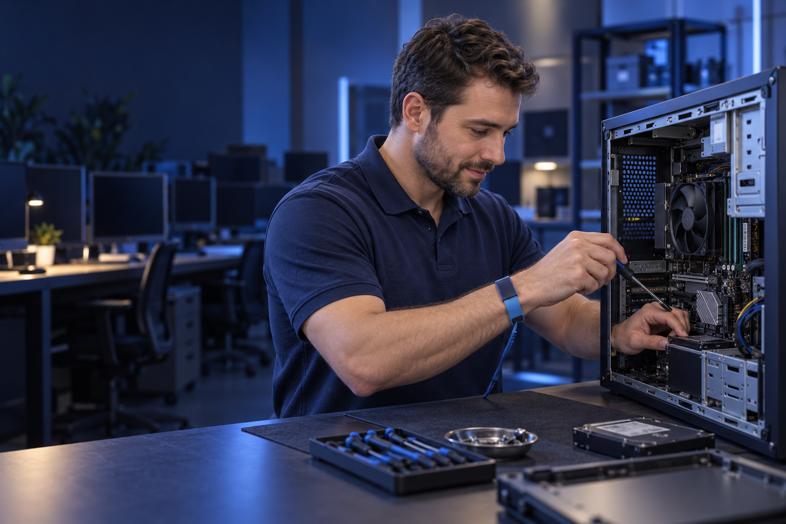 Ilustración 3D de un técnico realizando mantenimiento profesional de un computador