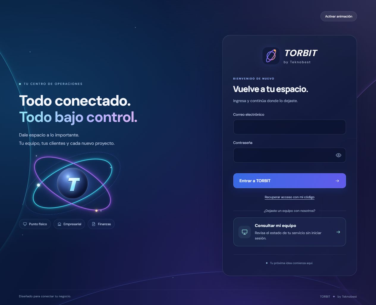 Pantalla real de bienvenida de TORBIT, plataforma de Teknobest, con acceso a la consulta de equipos